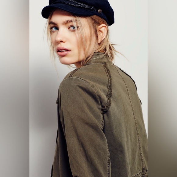 New Free People Flared Ruffle Hem Military Button Jacket Olive Army Green - Picture 8 of 12